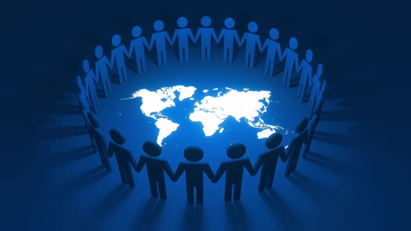 3D Cutout Icon People in Blue Silhouettes forming a Looped Circle around White World Map Background