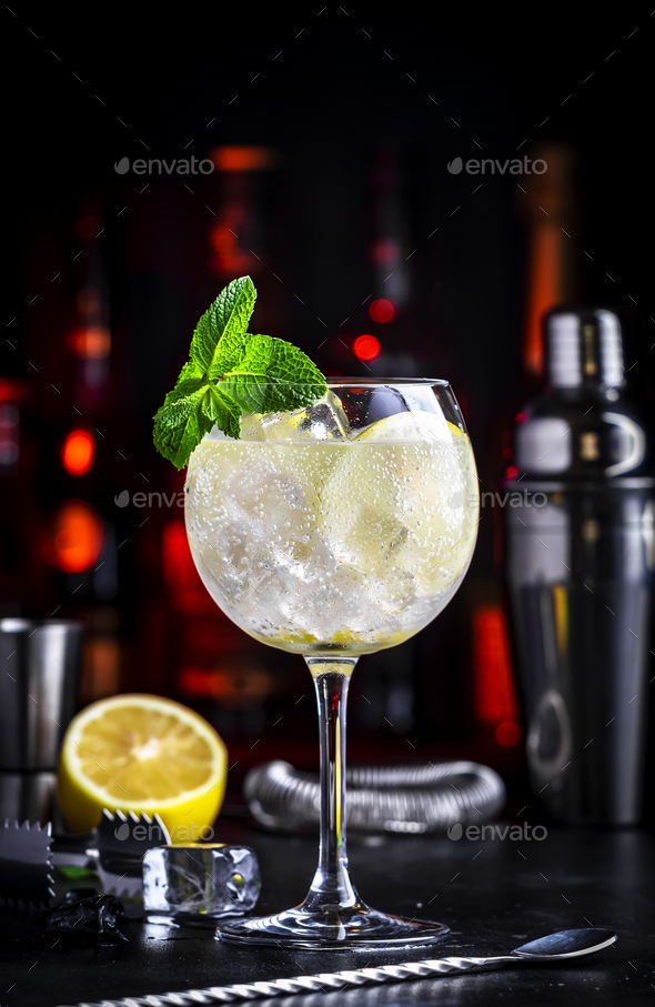 Martini tonic cocktail with vermouth, tonic, lemon, mint and ice. Black