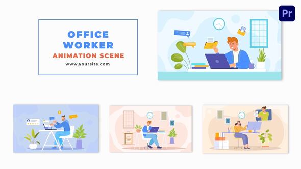 Office Worker Flat 2D Character Animation Scene