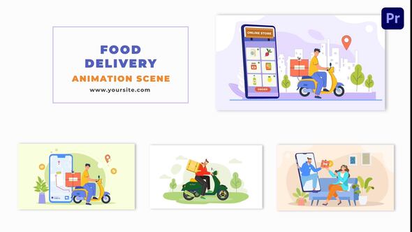 Flat 2D Food Delivery Character Animation Scene