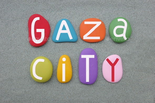 Gaza City, Palestinian city in the Gaza Strip, creative logo composed with multi colored stone lette
