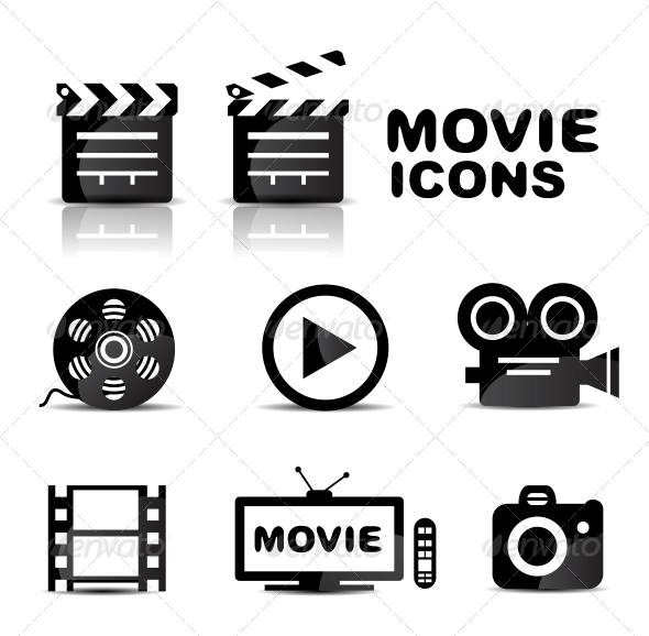 Movie black glossy icon set - Web Elements Vectors