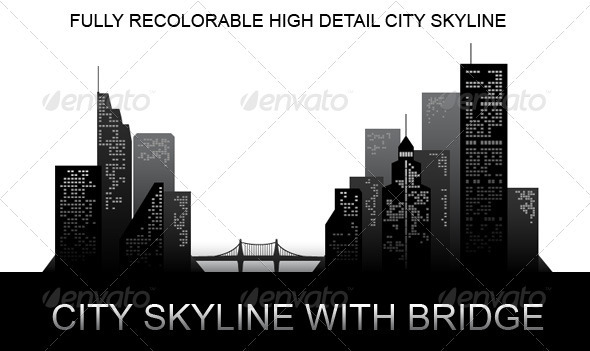 City Skyline with Bridge - Buildings Objects