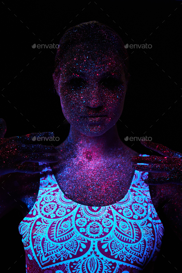 Art Woman Cosmos In Ultraviolet Light Entire Body Is Covered With Colored Droplets Girl Posing