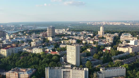 Aerial drone video of downtown skyline buildings and Dnipro river in ...