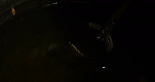 Close-up of blacksmith cooling a horseshoe in water alt