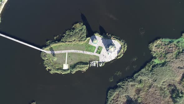 Aerial View of the Church of the Transfiguration of the Savior on an Island in the Middle of the alt