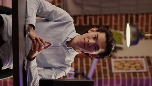 Vertical Video Portrait of Office Employee Working Computer App alt