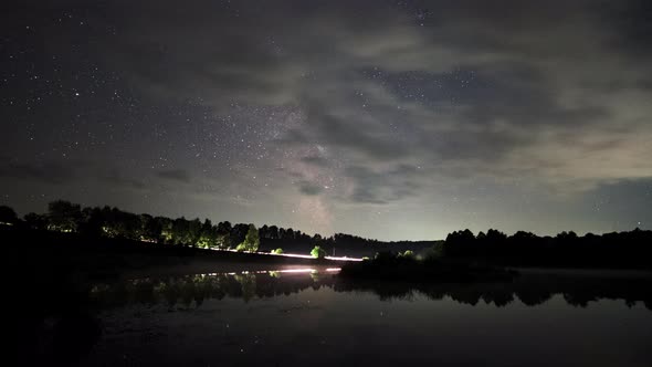 Motion Time Lapse of Milky Way Galaxy Rising Above Lake Shore