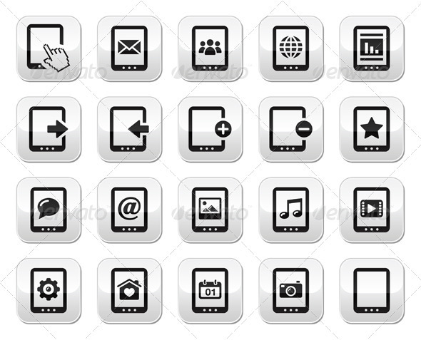 Tablet Grey Square Buttons Set - Vector - Computers Technology