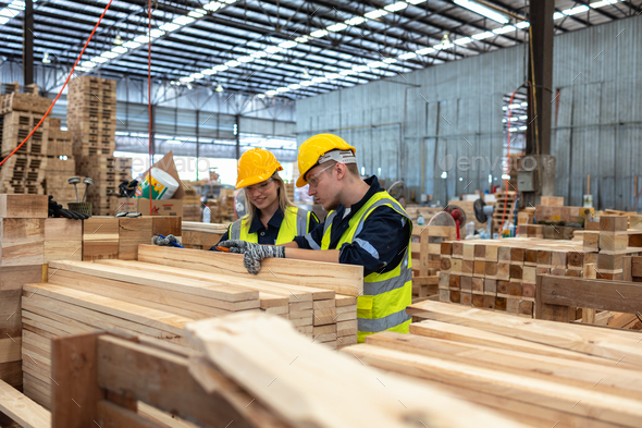 Dedicated Team Analyzing Lumber Quality in Warehouse
