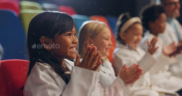 Children, applause and science show with smile, diversity and watching with lab coat and school. Ed