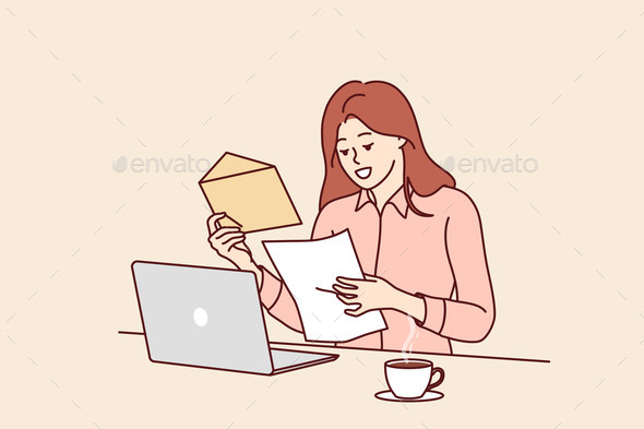 Happy Woman Freelancer Opens Envelope with Letter
