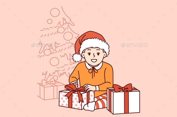 Little Preteen Boy Sits Near Christmas Tree 