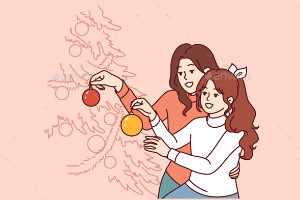 Mom and Daughter Decorate Christmas Tree
