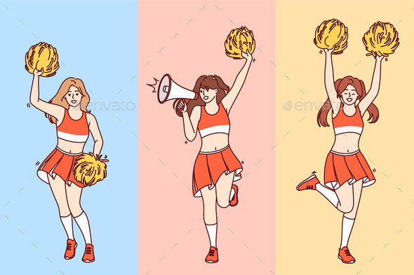 Girls Cheerleaders Jump and Wave Pompoms in Arms