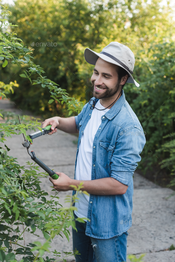 happy gardener in brim hat trimming bushes with secateurs