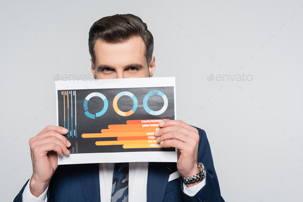 economist obscuring face with infographics and looking at camera isolated on grey