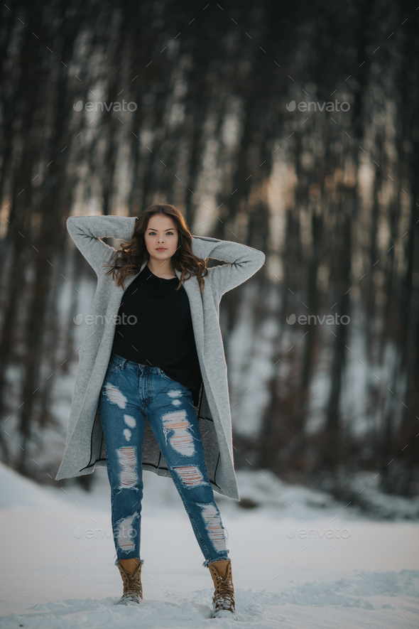 Sports Concept Woman Snowboarder Ski Clothing Poses Board Background Blue  Stock Photo by ©vorobevaola 521713036