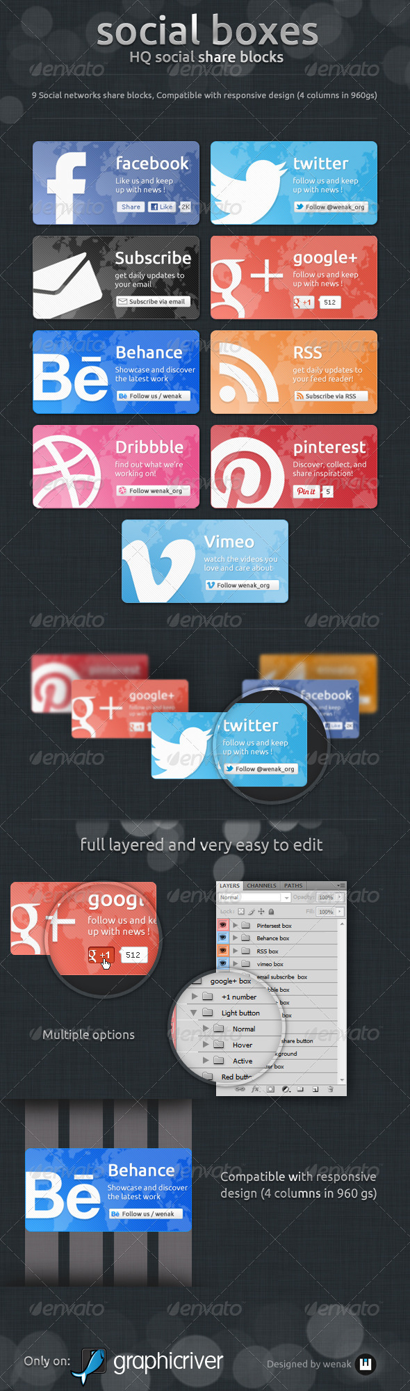Social Boxes - Social Share Blocks - Social Media Web Elements