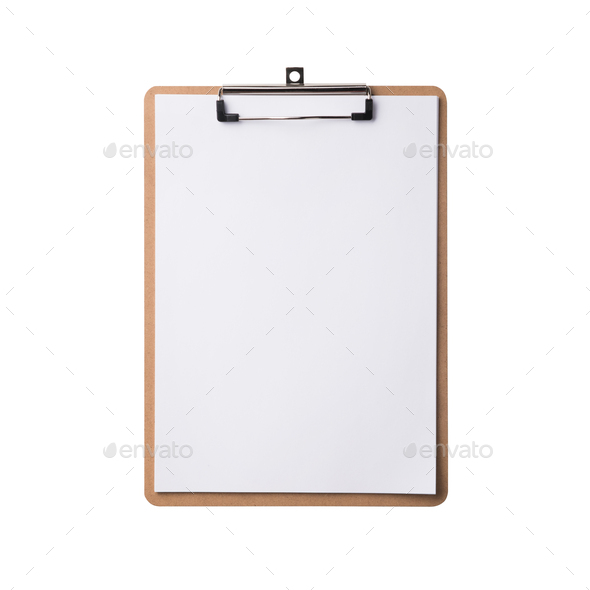Brown clipboard with clip at the top for papers. Single clipboard, writing board with papers
