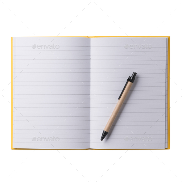Open paper notebook with pen. Realistic, photography, isolated on white background.