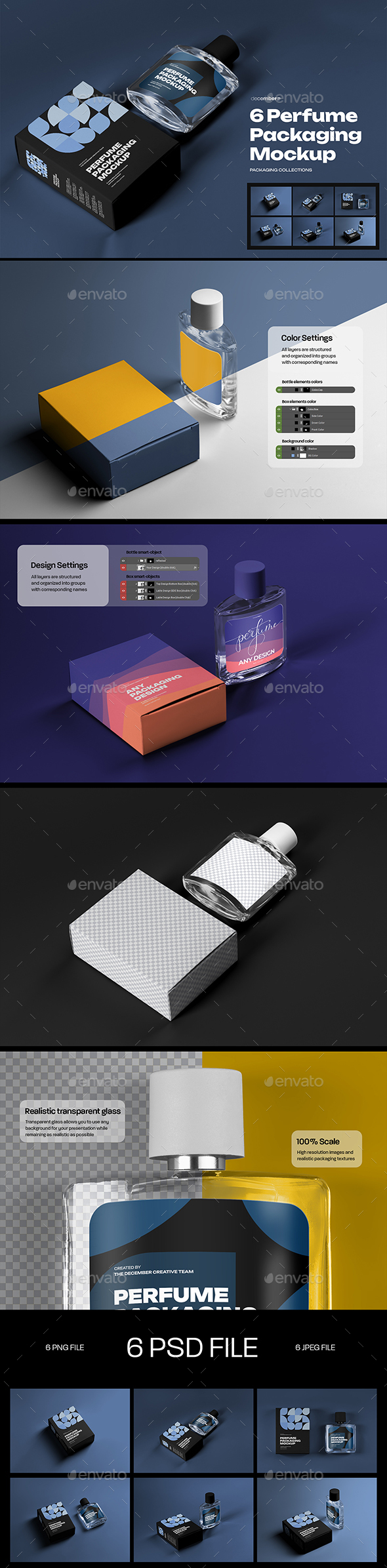 6 Perfume Packaging Mockups. Box and Bottle