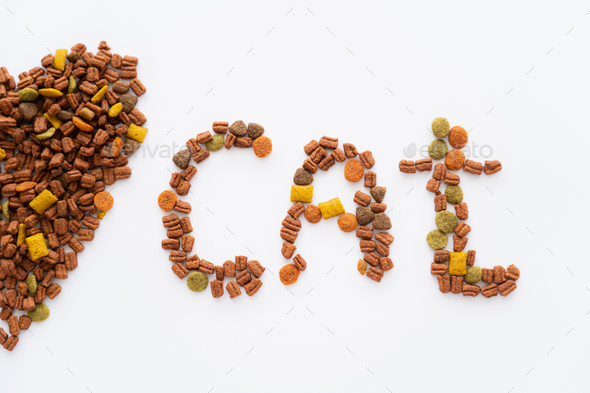 top view of heart and cat word made of dry pet food isolated on white