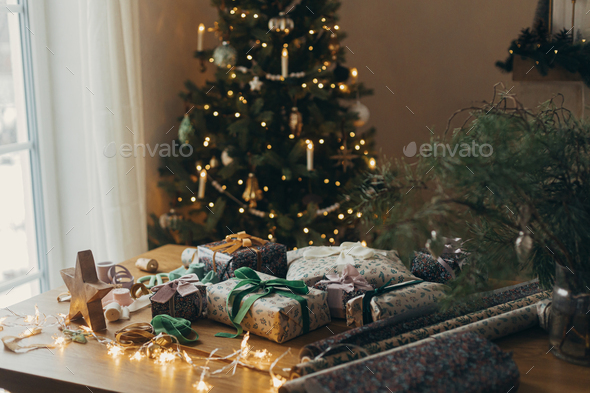 Christmas background with wrapping paper, scissors and Christmas