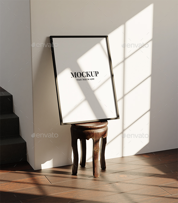 Minimalist elegant photo frame mockup poster on the stool