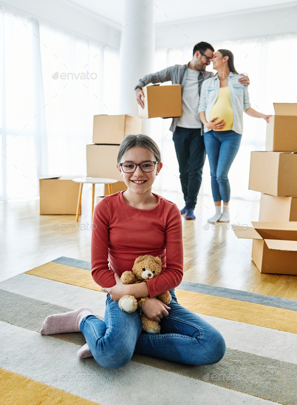child family box home house moving happy apartment pregnant mother