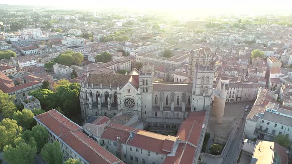 Aerial View of Catholic Cathedral in Montpellier France at Sunrise