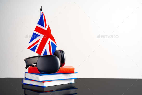 English language learning concept with books and flag of Great Britain