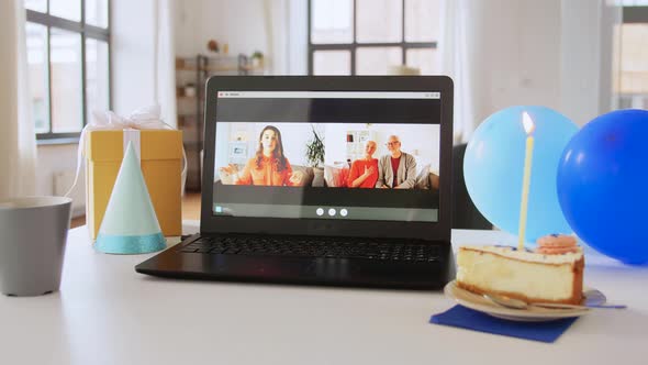 Laptop with Family Having Virtual Birthday Party