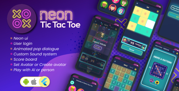 TicTac Toe - NEON AI and Multiplayer Andorid and iOS in Flutter 3.x