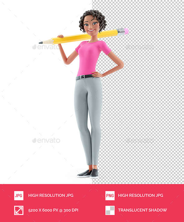 3D Beautiful Woman Holding Pencil