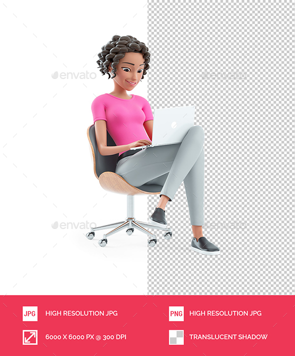 3D Beautiful Woman Sitting in Chair with Laptop