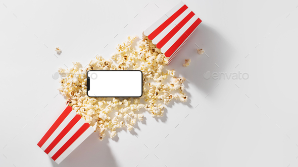 Classic popcorn buckets and smartphone with blank screen for your design