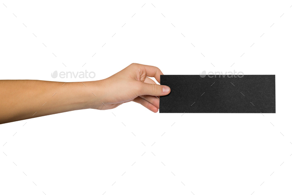 Hand holding empty black certificate mock-up. Isolated on white background. Black friday