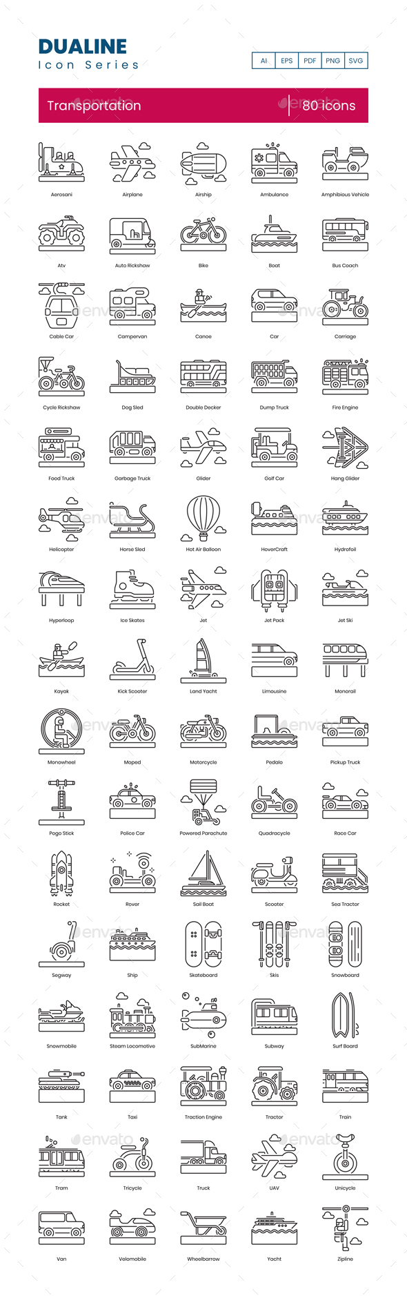 80 Transportation Icons | Dualine Series