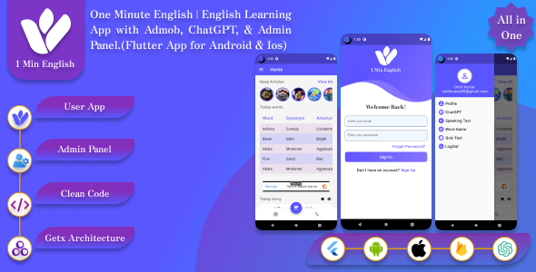 One Minute English | English Learning App with Admob and ChatGPT(Flutter App for Android & Ios)