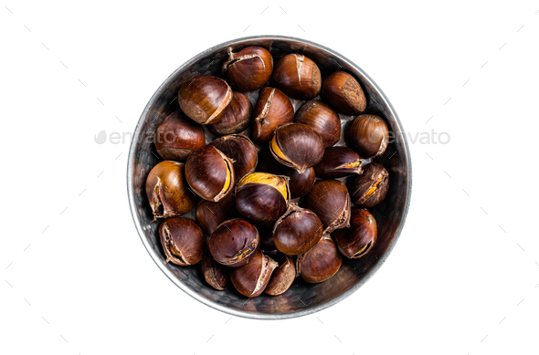 Roasted Chestnuts Served in a Chestnut Pan Isolated on White Background.  View from Above Stock Photo - Image of abstract, pile: 199468426