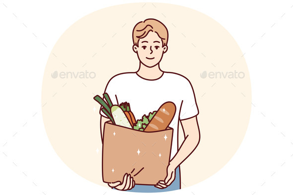 Smiling Man Holding Bag with Groceries