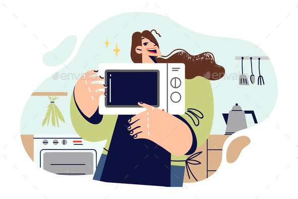 Woman Cook with Microwave in Hands Rejoices at