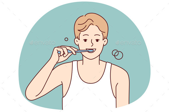 Smiling Man Brushing Teeth in Morning