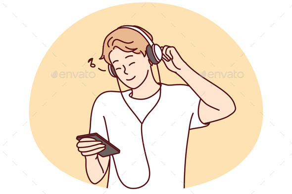 Smiling young man listen to music in modern wireless headphones. Happy guy  enjoy good quality sound in earphones. Hobby and amusement. Vector  illustration. 20354296 Vector Art at Vecteezy