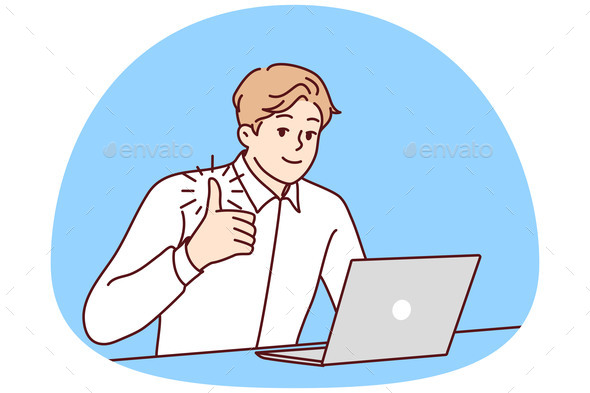 Smiling Businessman Work on Laptop Show Thumb Up