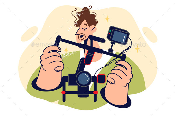 [DOWNLOAD]Man Videographer Holds Camera Mounted on