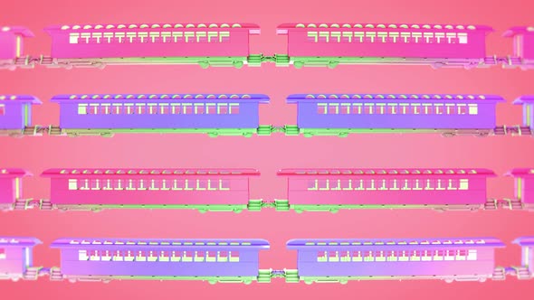 Funny vintage trains are crossing through the virtual bright pink background alt