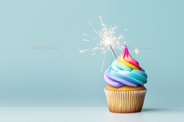 Birthday rainbow cupcake with celebration sparkler